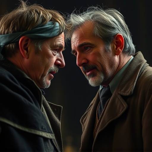 Gros plan de Pierre Dubois et Jean Martin dialoguant intensément dans 'En Attendant Godot'.